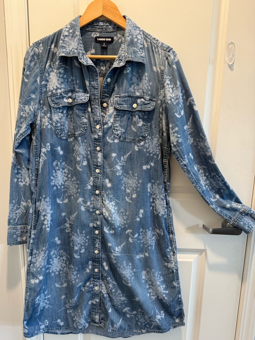 Lands’ End Botanical Chambray Shirt Dress Small Button Front Denim Look
